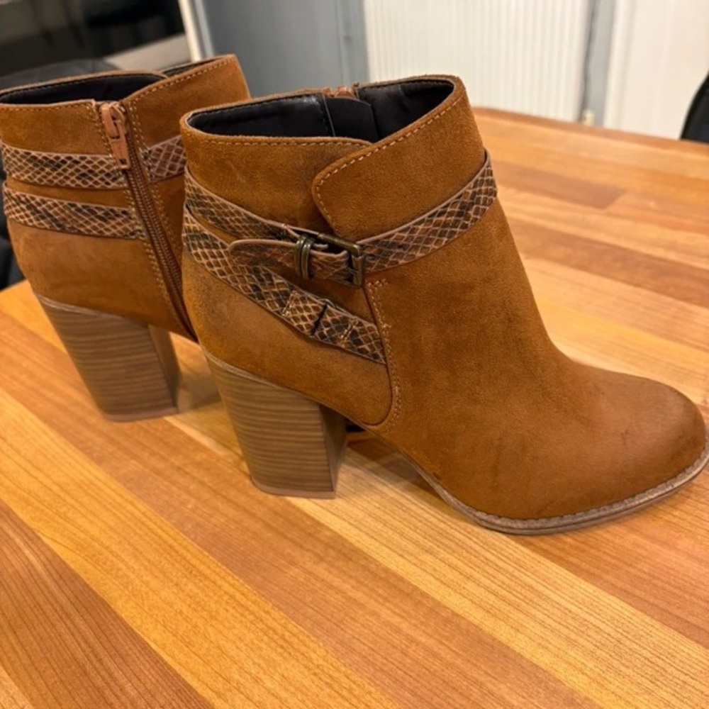 Brown Suede Ankle Boots with Snakeskin Detail